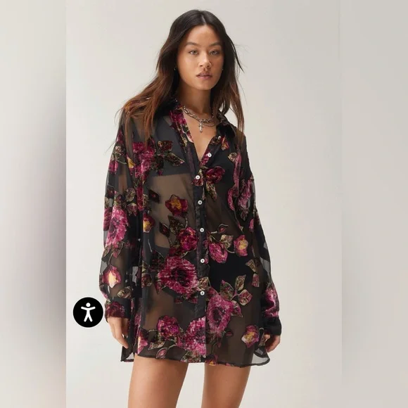 Nasty Gal Devore Oversized Sheer Floral Shirt Dress - Picture 2 of 14